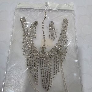 Silver Rhinestone Fringe Necklace and Earrings Set - Glam Statement